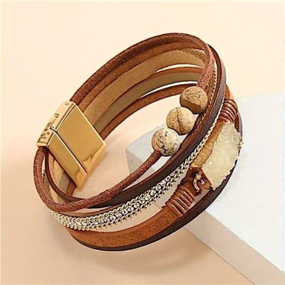 🌟Boho Chic Faux Leather Wrap Bracelet Druzy Geode Beaded Magnetic Clasp Jewelry